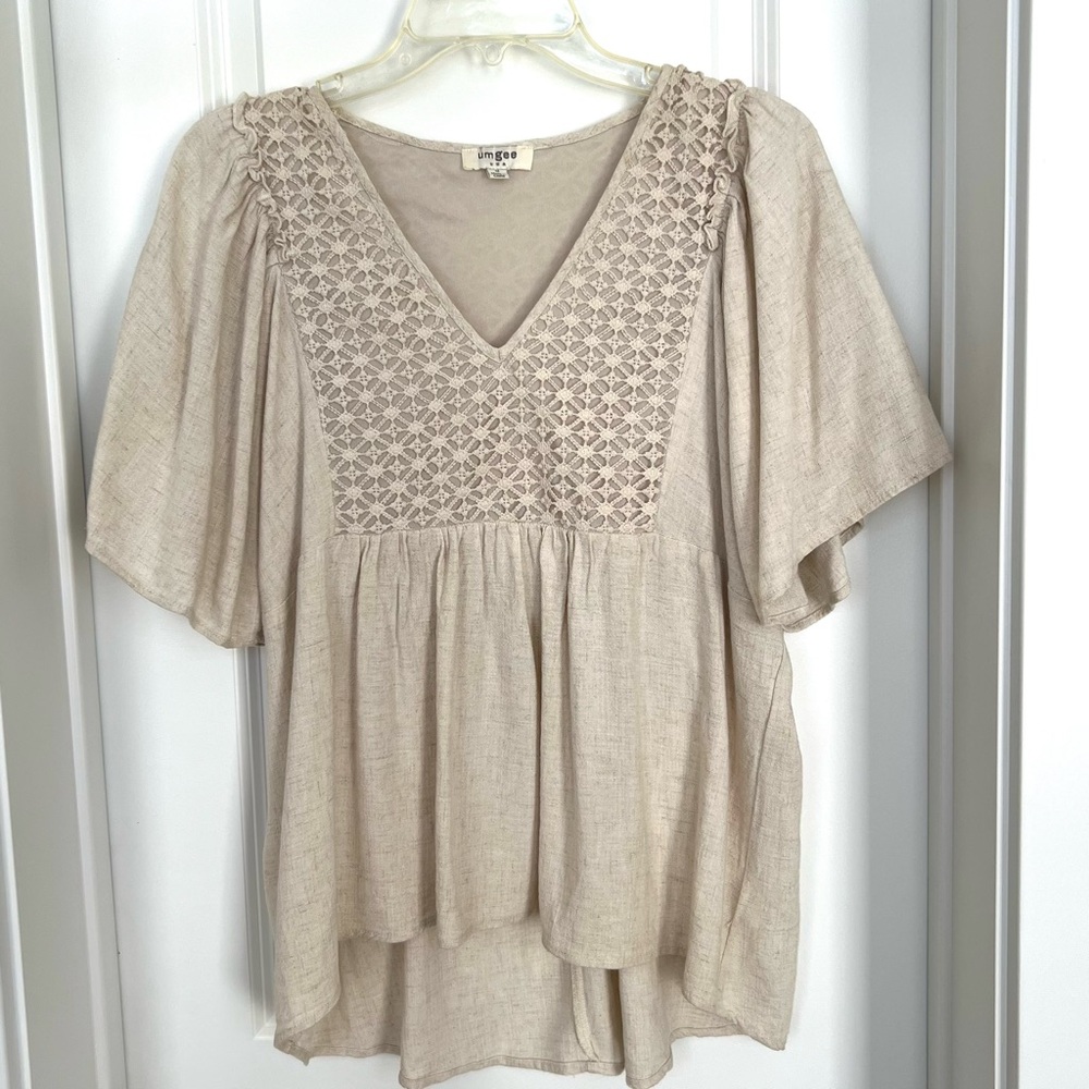 Umgee Cream V-Neck Blouse with Crochet Detail